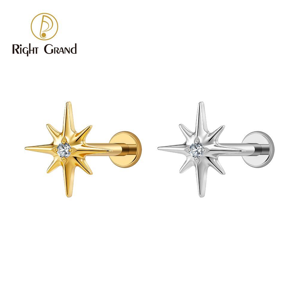 Right Grand Titanium 16G/18G Threadless Push Pin Sparkling CZ North Star Stud Earring Labret Cartilage Tragus Helix Conch Lobe Piercing