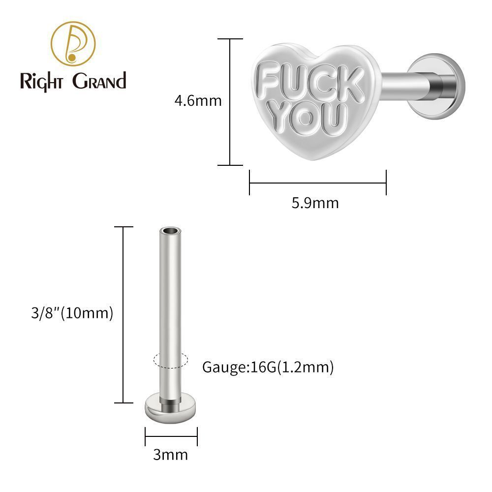 Right Grand Titanium 16G/18G Threadless Push Pin Heart Letter F**K YOU Labret Ring 16G Flat Back Cartilage Stud Earring Conch Helix Lip Piercing Jewelry