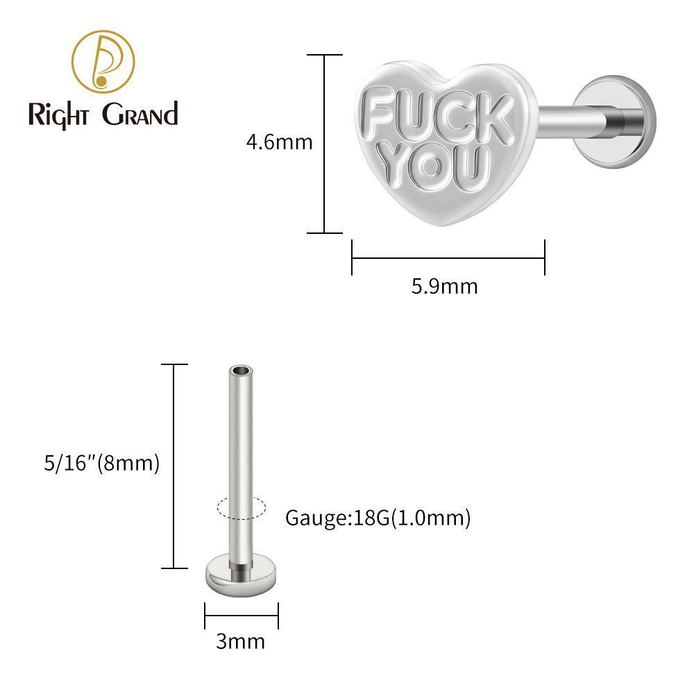 Right Grand Titanium 16G/18G Threadless Push Pin Heart Letter F**K YOU Labret Ring 16G Flat Back Cartilage Stud Earring Conch Helix Lip Piercing Jewelry