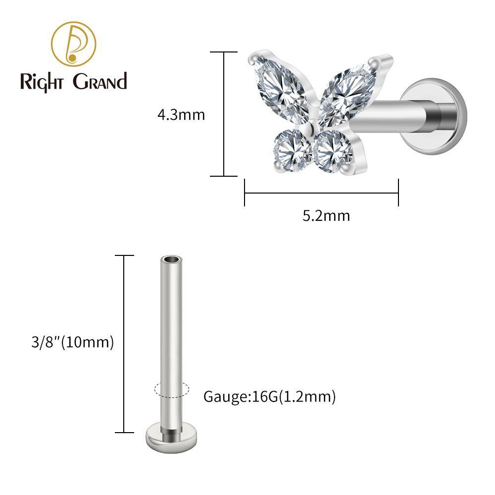 Right Grand Titanium 16G/18G Threadless Push Pin Butterfly CZ Labret Tragus Cartilage Conch Forward Helix Stud Nose Piercing