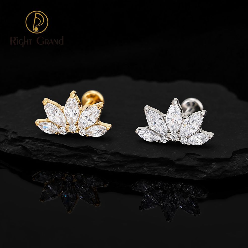 Right Grand Titanium 16G/18G Threadless Push Pin Marquise Lotus CZ Flower Flat Back Stud Labret Tragus Helix Cartilage Conch Earring Piercing