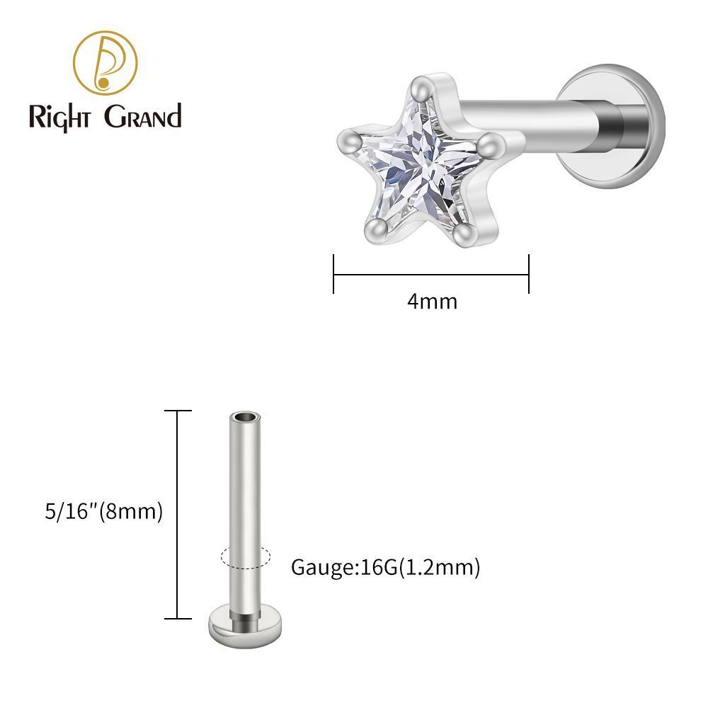Right Grand Titanium 16G/18G Threadless Push Pin Star CZ Flat Back Stud Earring 16G Helix Tragus Cartilage Lip Piercing