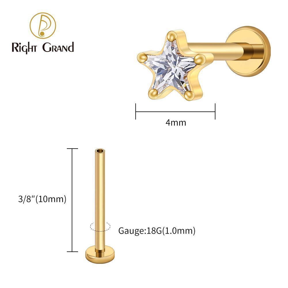 Right Grand Titanium 16G/18G Threadless Push Pin Star CZ Flat Back Stud Earring 16G Helix Tragus Cartilage Lip Piercing