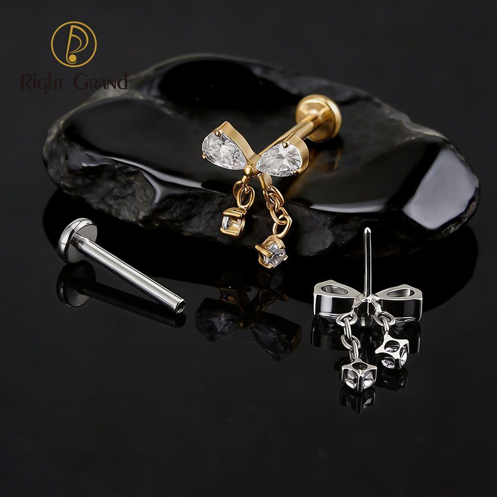 Right Grand Titanium 16G/18G Threadless Push Pin Bowknot CZ Dangle Chain Labret Ring 16G Flat Back Cartilage Stud Earring Conch Helix Lip Piercing Jewelry