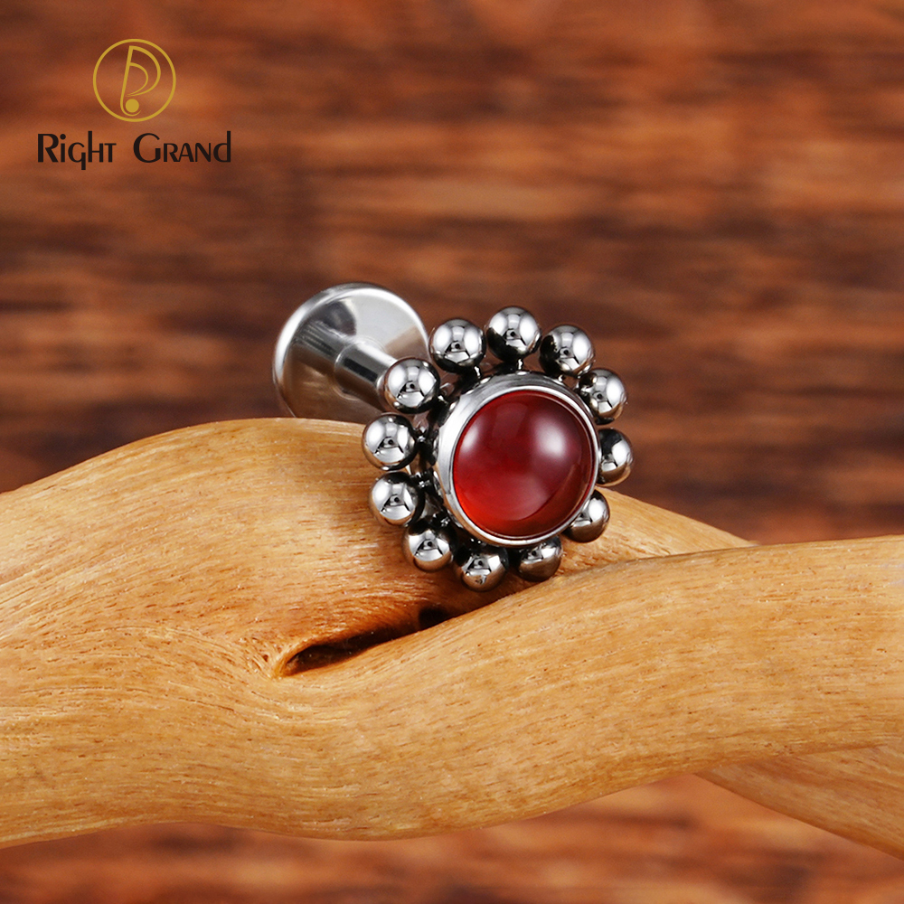 Right Grand ASTM F136 Titanium 16G Flower Labret Stud Earring with Natural Stone Helix Cartilage Tragus Conch Piercing