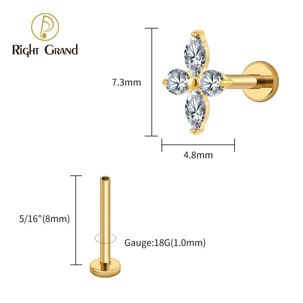 Right Grand Titanium 16G/18G Threadless Push Pin Prong Set CZ Flower Marquise Stud Earring Tragus Helix Cartilage Piercing