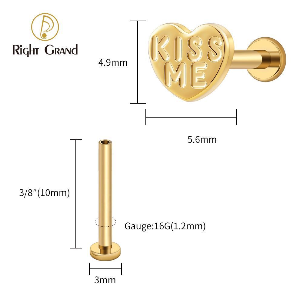 Right Grand Titanium 16G/18G Threadless Push Pin Heart Letter KISS ME Labret Ring 16G Flat Back Cartilage Stud Earring Conch Helix Lip Piercing Jewelry