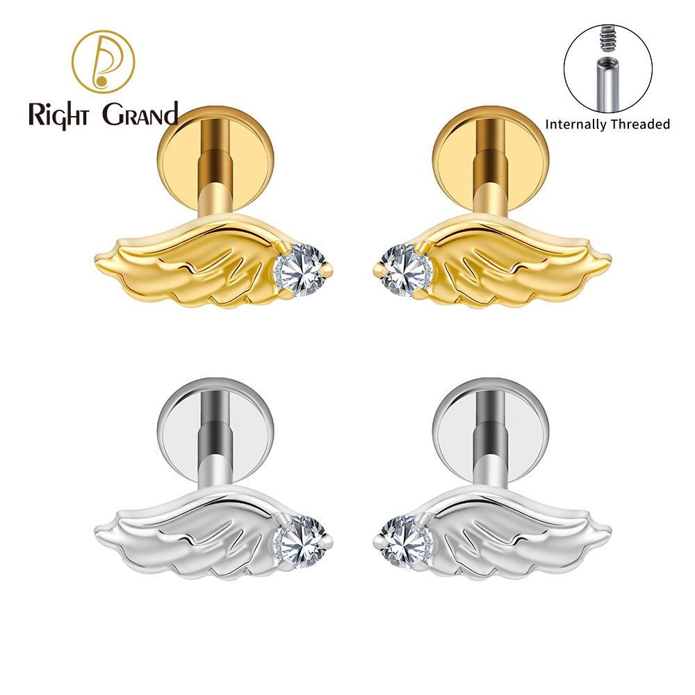 Right Grand Titanium Internal Thread CZ Wing Labret Ring 16G Flat Back Cartilage Stud Earring Conch Helix Lip Piercing Jewelry