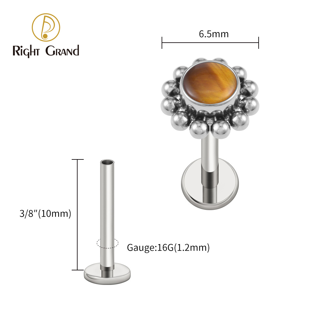 Right Grand ASTM F136 Titanium 16G Flower Labret Stud Earring with Natural Stone Helix Cartilage Tragus Conch Piercing