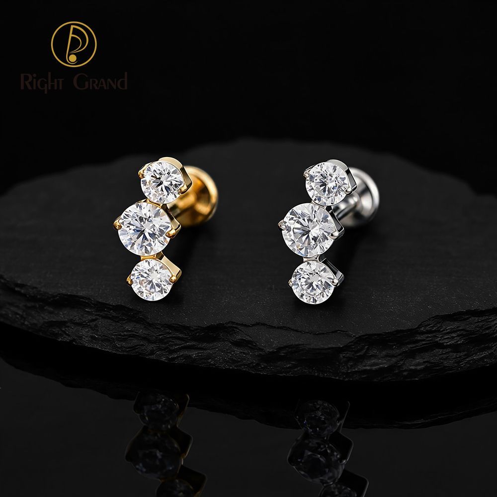 Right Grand Titanium 16G/18G Threadless Push Pin Triple CZ Cluster Cartilage Earring 16G Mini CZ Labret Tragus Helix Medusa Flat Back Piercing