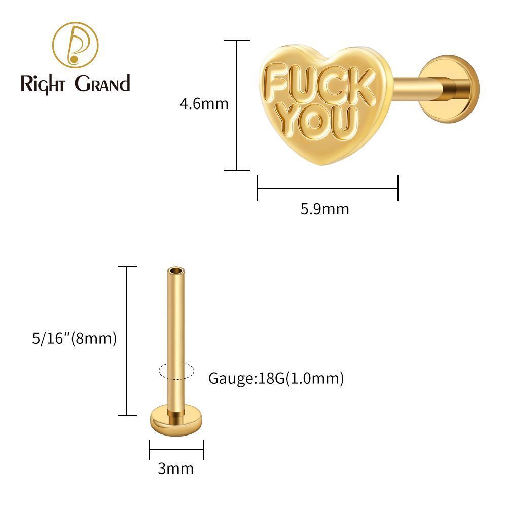Right Grand Titanium 16G/18G Threadless Push Pin Heart Letter F**K YOU Labret Ring 16G Flat Back Cartilage Stud Earring Conch Helix Lip Piercing Jewelry