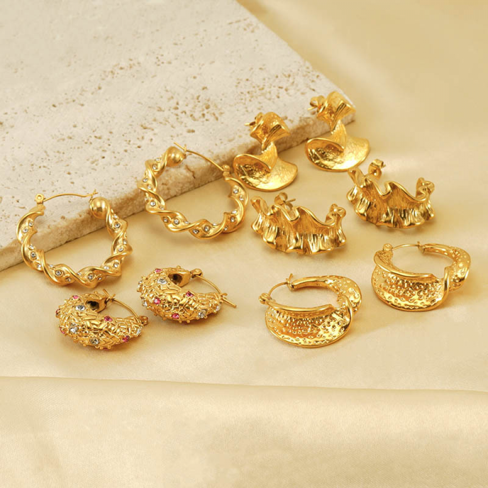 Right Grand 2023 New Vintage Women Trendy Jewelry Twist Folded Gold Plated Chunky Hoops Earrings Stainless Steel