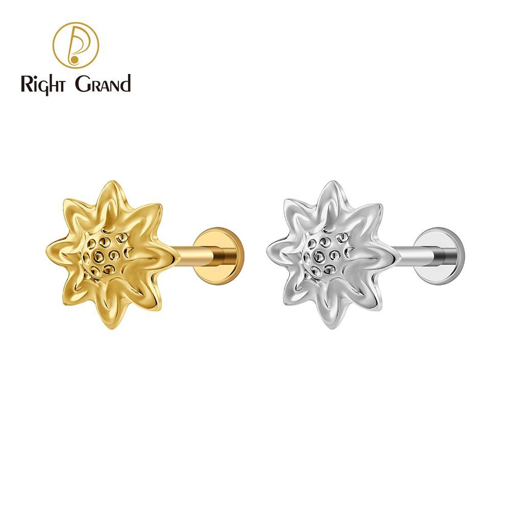 Right Grand Titanium 16G/18G Threadless Push Pin Daisy Flower Labret Ring 16G Flat Back Cartilage Stud Earring Conch Helix Lip Piercing Jewelry