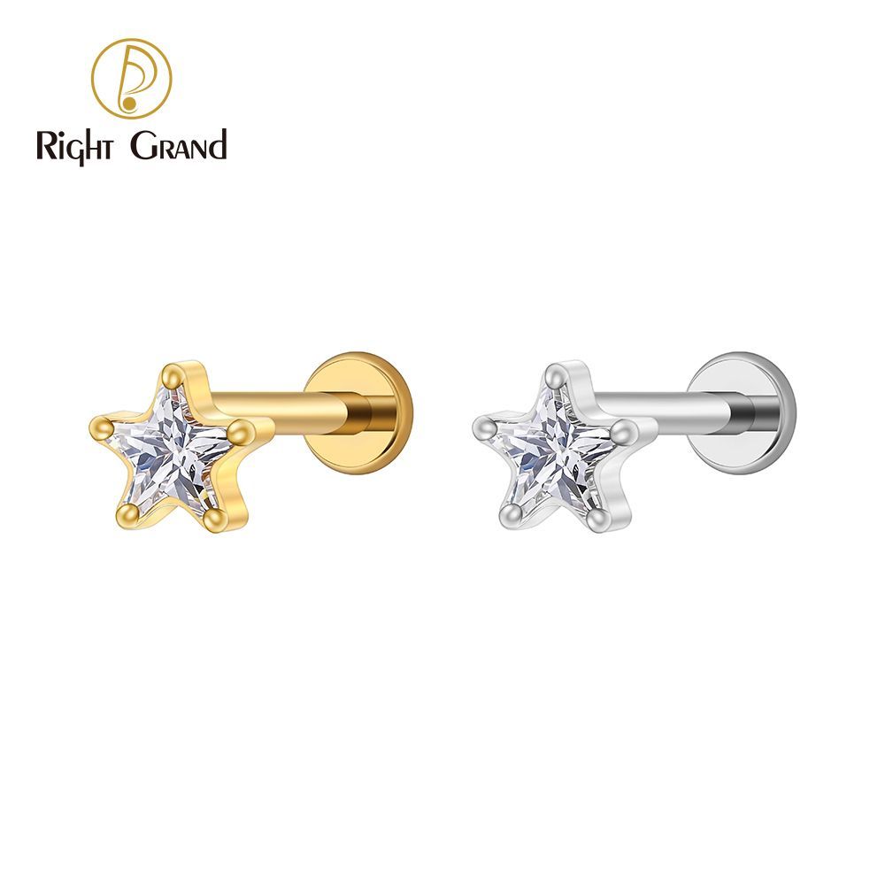 Right Grand Titanium 16G/18G Threadless Push Pin Star CZ Flat Back Stud Earring 16G Helix Tragus Cartilage Lip Piercing