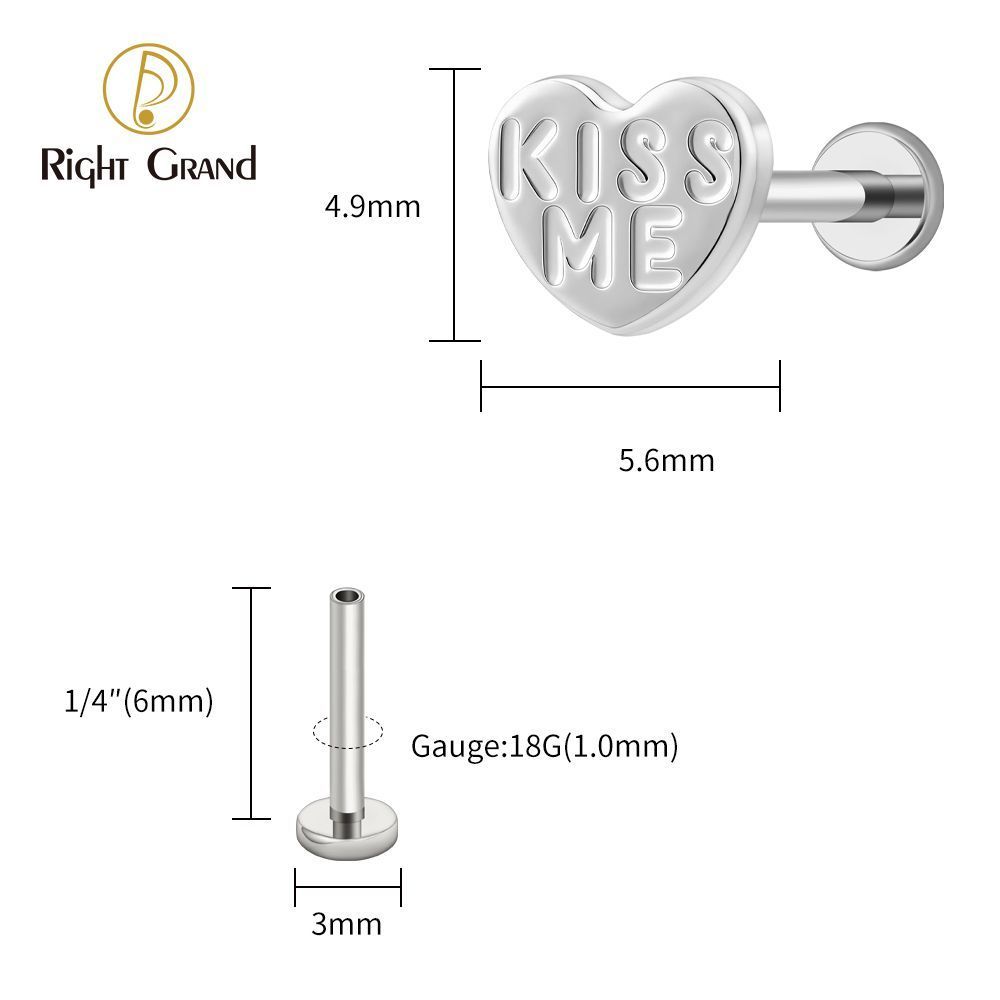Right Grand Titanium 16G/18G Threadless Push Pin Heart Letter KISS ME Labret Ring 16G Flat Back Cartilage Stud Earring Conch Helix Lip Piercing Jewelry