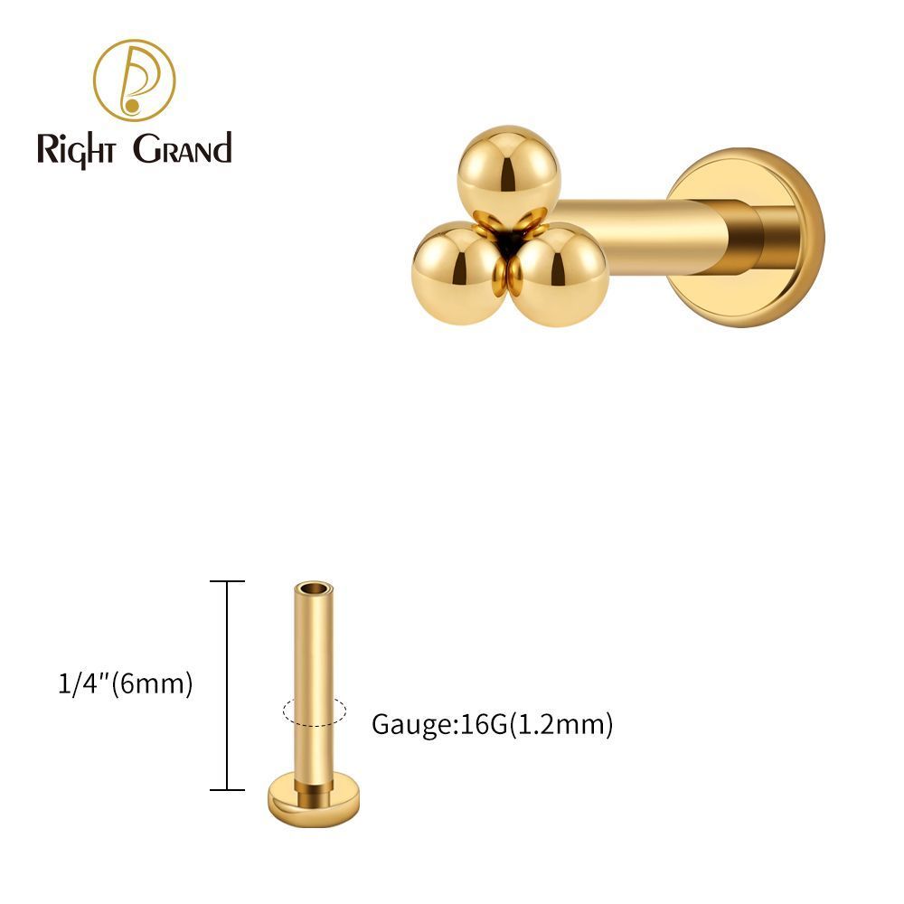 Right Grand Titanium 18G/16G Threadless Push Pin Labret Stud Trinity Beads Tragus Piercing Labret Studs