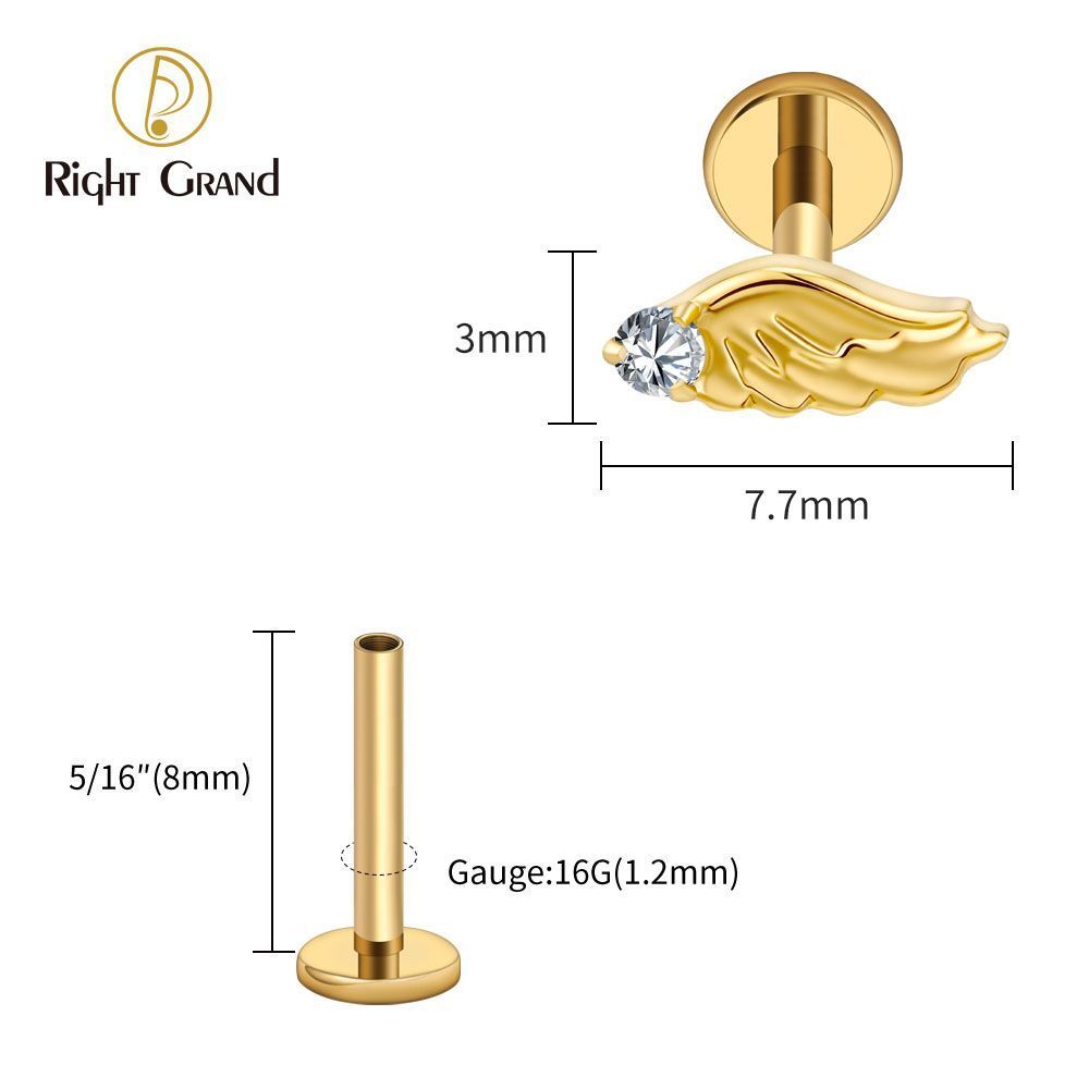 Right Grand Titanium Internal Thread CZ Wing Labret Ring 16G Flat Back Cartilage Stud Earring Conch Helix Lip Piercing Jewelry