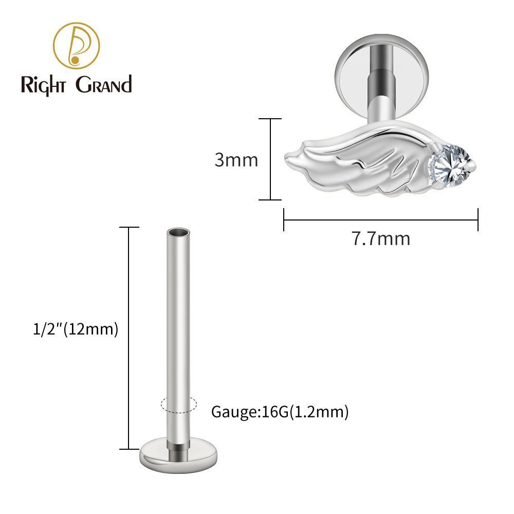 Right Grand Titanium Internal Thread CZ Wing Labret Ring 16G Flat Back Cartilage Stud Earring Conch Helix Lip Piercing Jewelry