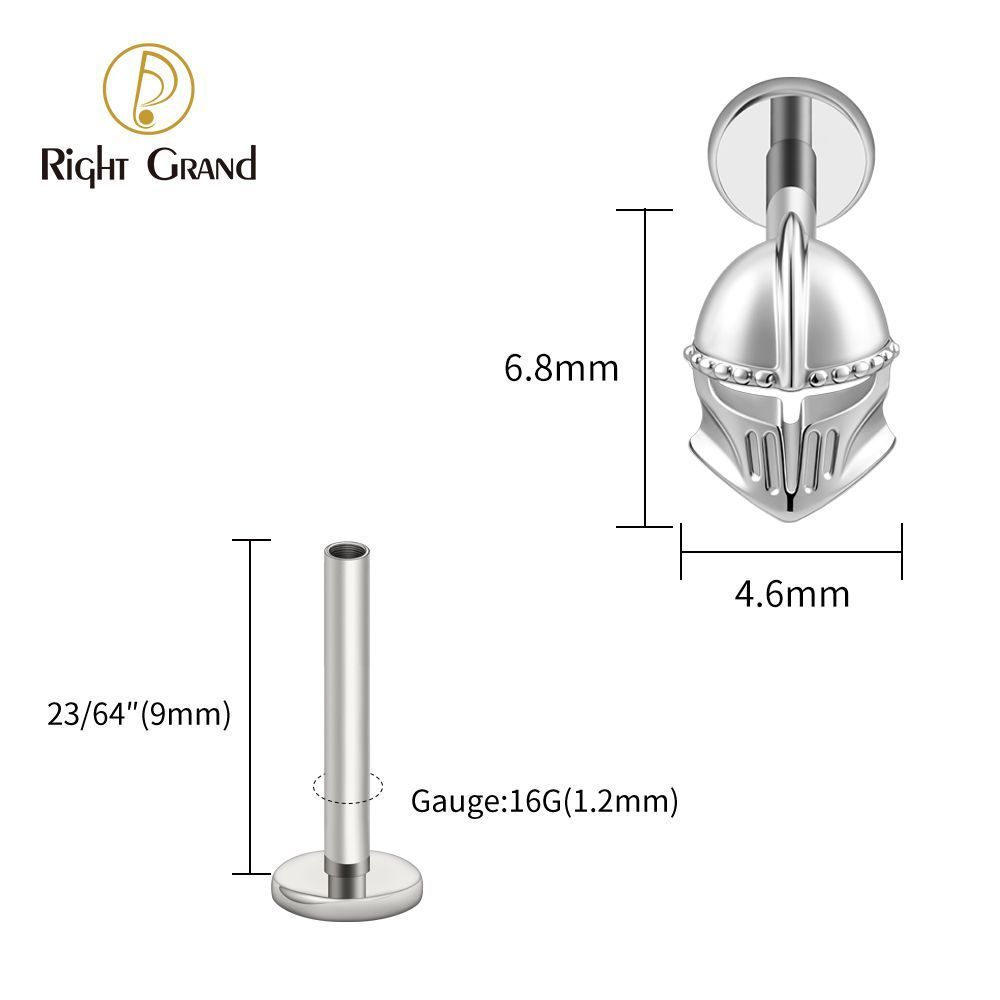 Right Grand ASTM F136 Titanium Internal Thread Helmet Labret Ring 16G Flat Back Cartilage Stud Earring Conch Helix Lip Piercing Jewelry