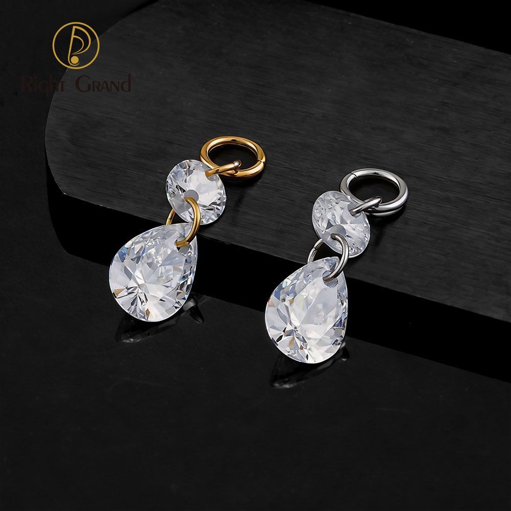 Right Grand ASTM F136 Titanium Round & Waterdrop CZ Drop Ring Charm for Ear Lobe Dangle Hoop Huggie Earrings