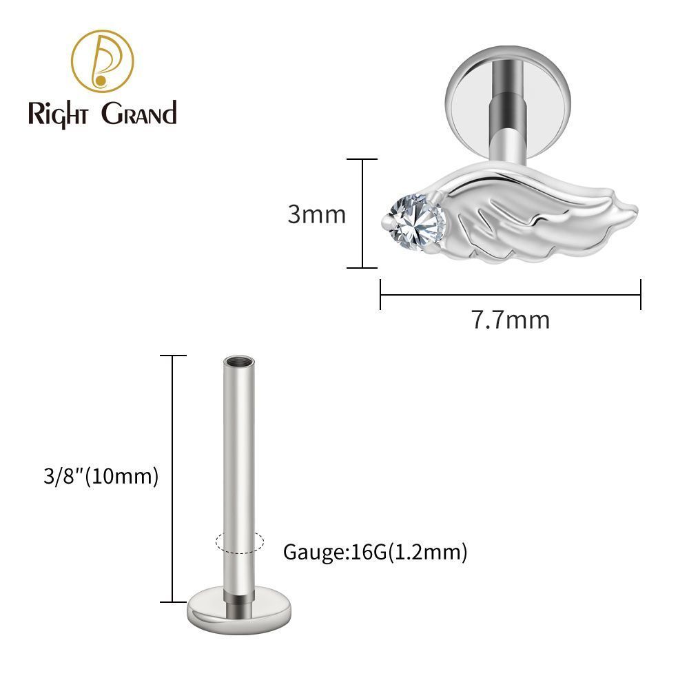 Right Grand Titanium Internal Thread CZ Wing Labret Ring 16G Flat Back Cartilage Stud Earring Conch Helix Lip Piercing Jewelry