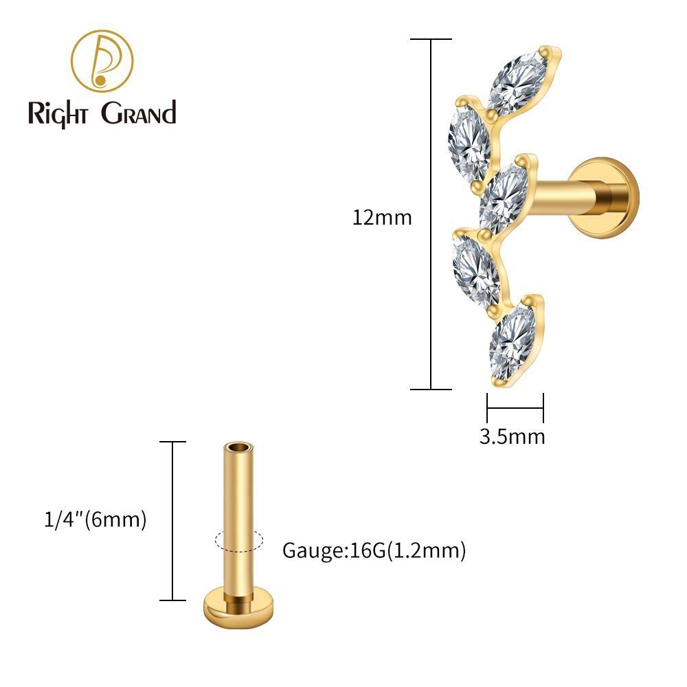 Right Grand Titanium 16G/18G Threadless Push Pin 5 Marquise CZ Labret Stud Helix Conch Cartilage Tragus Flat Back Piercing
