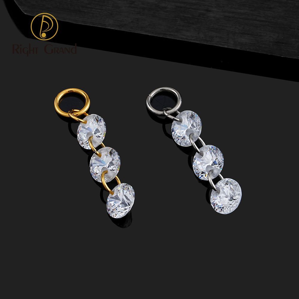 Right Grand ASTM F136 Titanium Triple Round CZ Drop Ring Charm for Ear Lobe Dangle Hoop Huggie Earrings