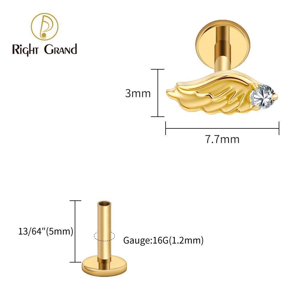 Right Grand Titanium Internal Thread CZ Wing Labret Ring 16G Flat Back Cartilage Stud Earring Conch Helix Lip Piercing Jewelry
