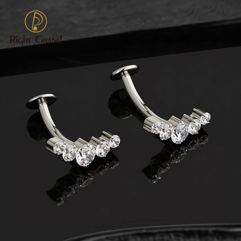 Right Grand Titanium CZ 5 CZ Belly Button Ring 14G Threadless Push Pin Navel Curved Barbell Piercing Jewelry
