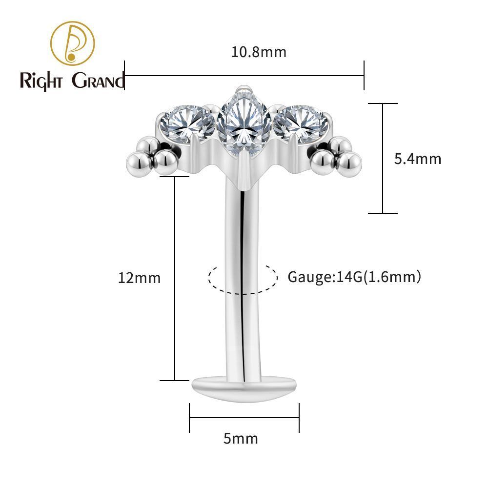 Right Grand Titanium CZ 5 CZ Belly Button Ring 14G Threadless Push Pin Navel Curved Barbell Piercing Jewelry