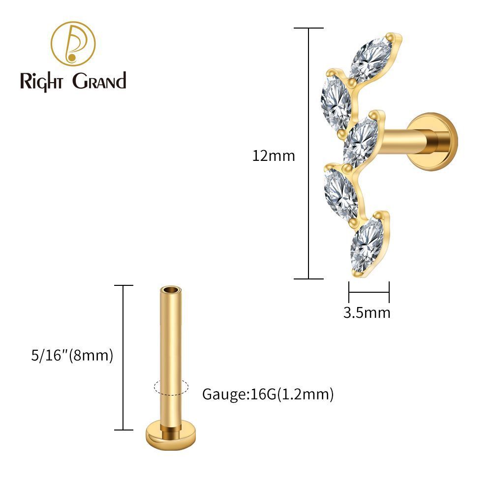 Right Grand Titanium 16G/18G Threadless Push Pin 5 Marquise CZ Labret Stud Helix Conch Cartilage Tragus Flat Back Piercing