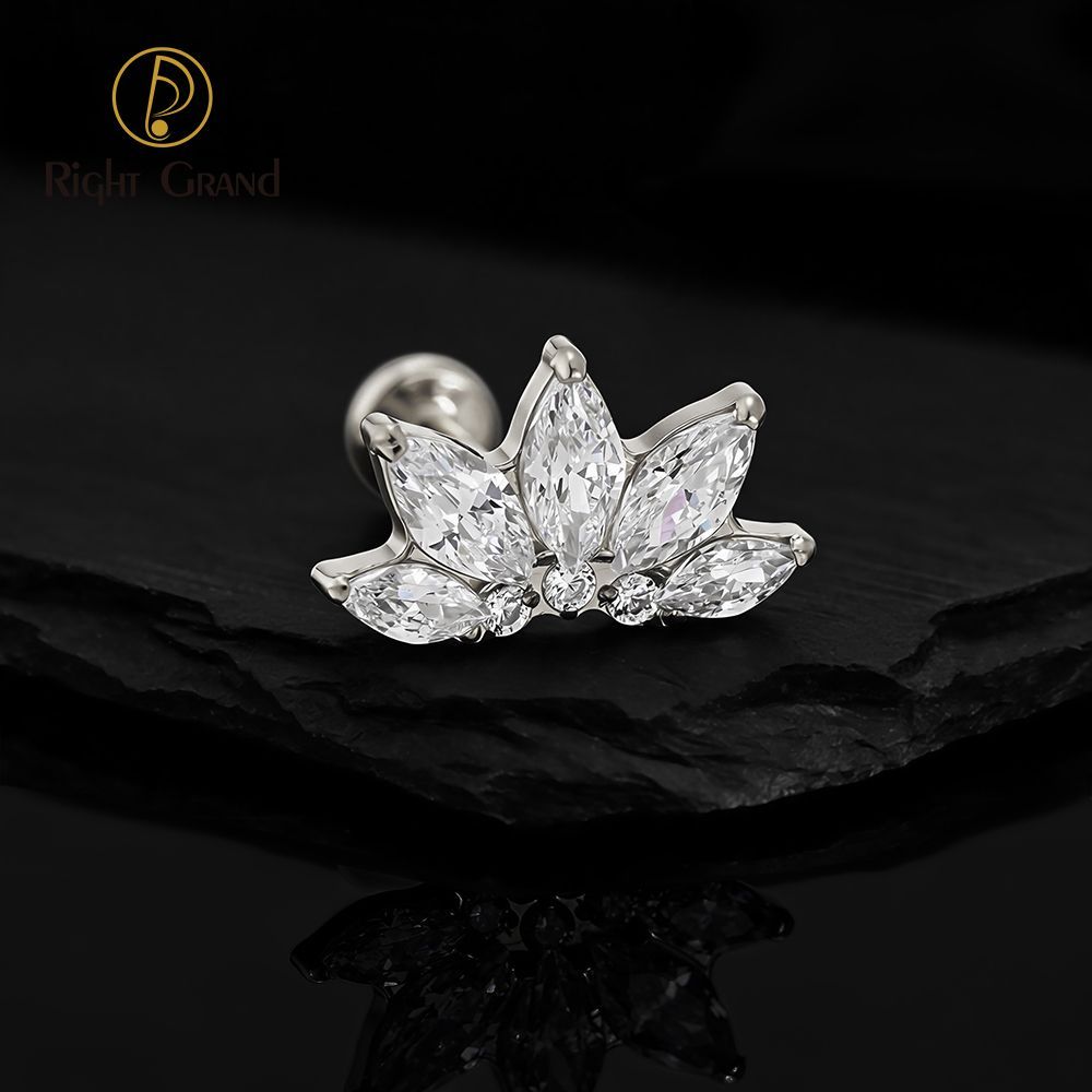 Right Grand Titanium 16G/18G Threadless Push Pin Marquise Lotus CZ Flower Flat Back Stud Labret Tragus Helix Cartilage Conch Earring Piercing