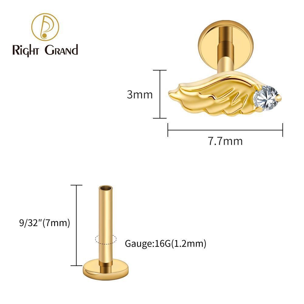 Right Grand Titanium Internal Thread CZ Wing Labret Ring 16G Flat Back Cartilage Stud Earring Conch Helix Lip Piercing Jewelry