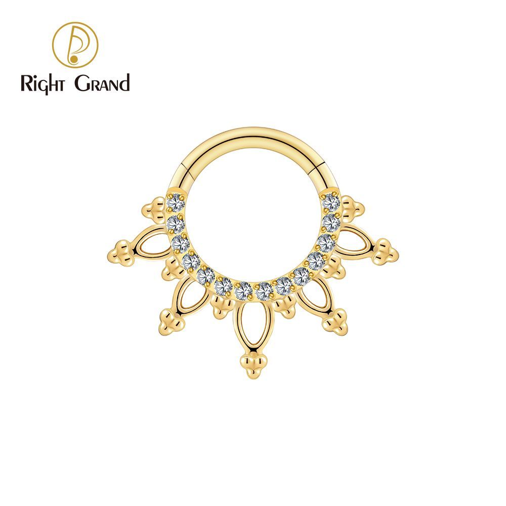 Right Grand Titanium 16G CZ Beads Sparkling Hinged Clicker Segment Hoop Ring Daith Earring Septem Nose Piercing