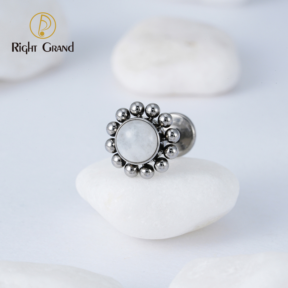 Right Grand ASTM F136 Titanium 16G Flower Labret Stud Earring with Natural Stone Helix Cartilage Tragus Conch Piercing