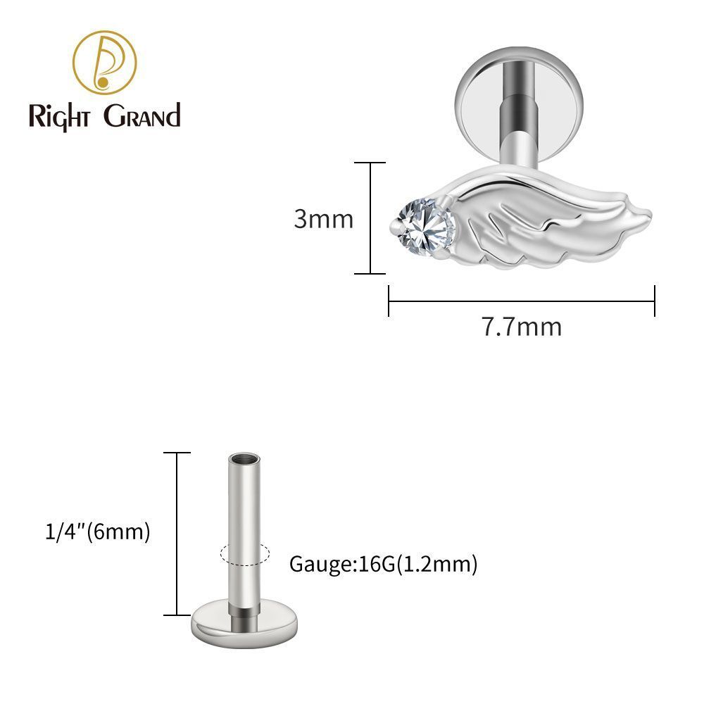 Right Grand Titanium Internal Thread CZ Wing Labret Ring 16G Flat Back Cartilage Stud Earring Conch Helix Lip Piercing Jewelry
