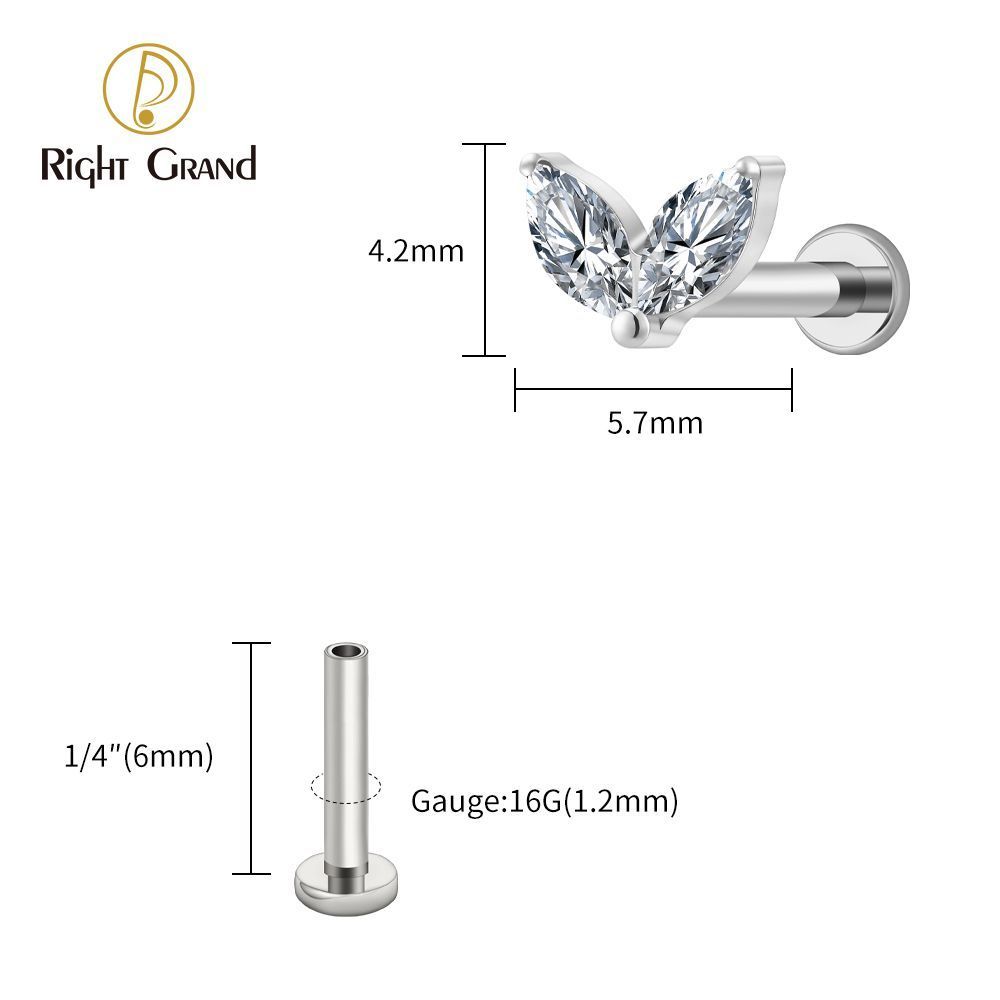 Right Grand Titanium 16G/18G Threadless Push Pin Tiny Double Marquise CZ Labret Stud Earring 16G Heart CZ Cartilage Helix Tragus Conch Piercing