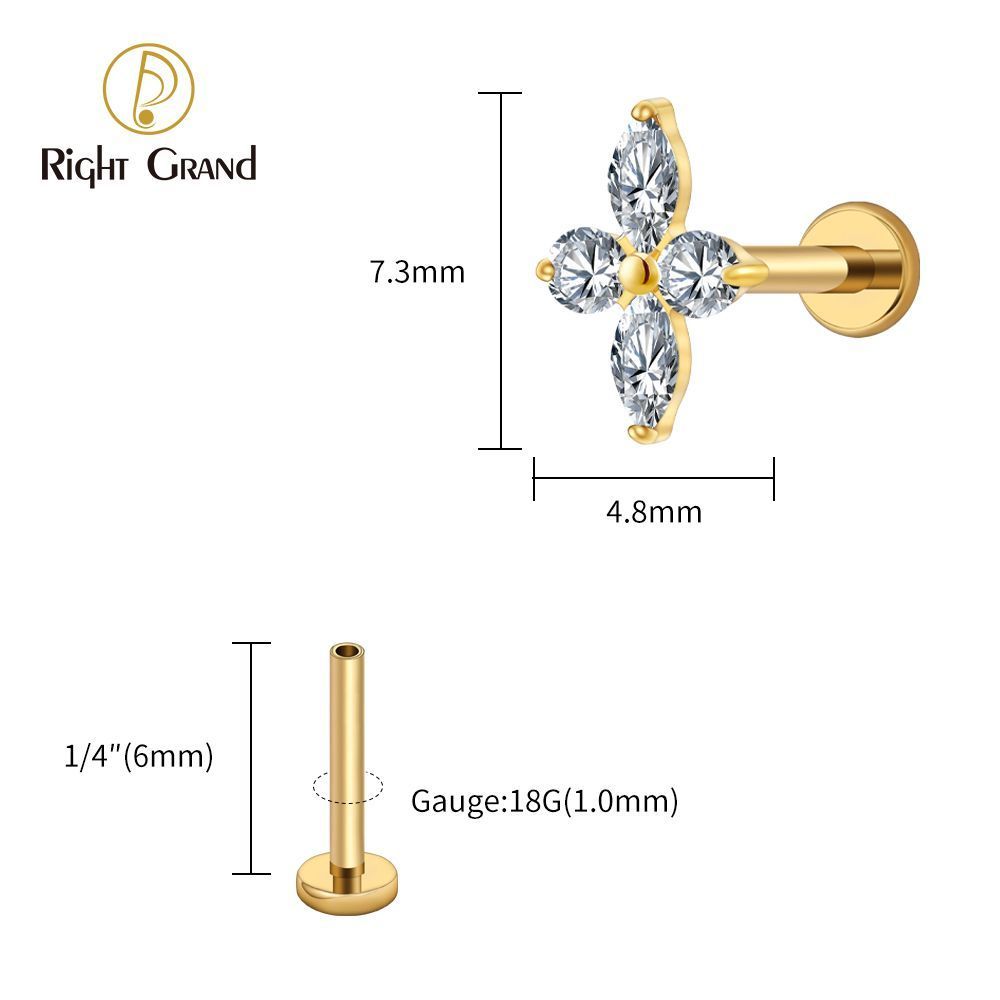 Right Grand Titanium 16G/18G Threadless Push Pin Prong Set CZ Flower Marquise Stud Earring Tragus Helix Cartilage Piercing