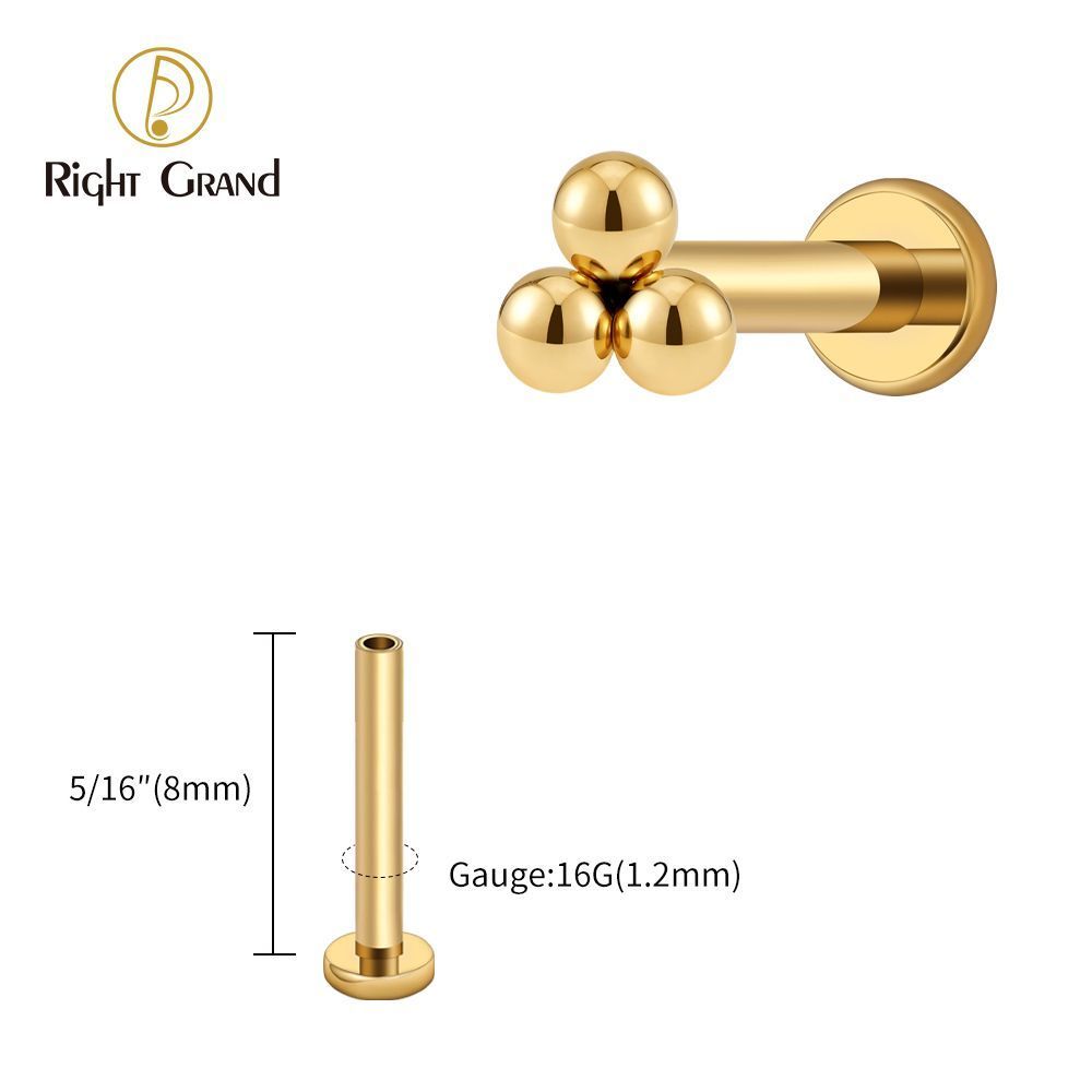 Right Grand Titanium 18G/16G Threadless Push Pin Labret Stud Trinity Beads Tragus Piercing Labret Studs