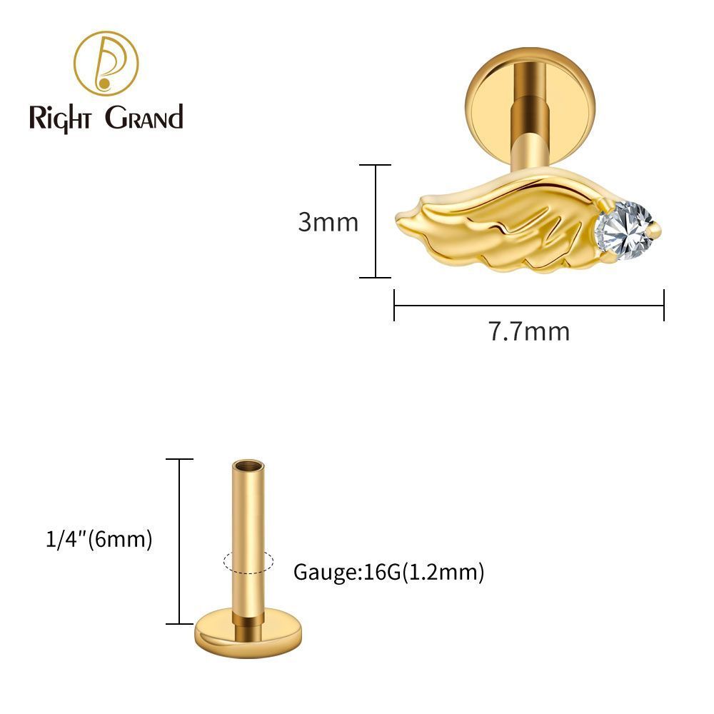 Right Grand Titanium Internal Thread CZ Wing Labret Ring 16G Flat Back Cartilage Stud Earring Conch Helix Lip Piercing Jewelry