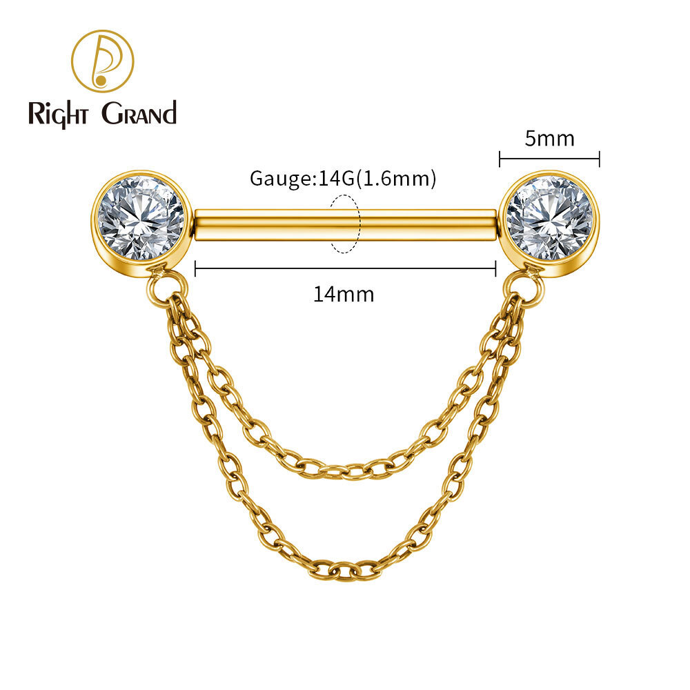 Right Grand ASTM F136 Titanium Double Chain Dangle Sparkle CZ Threadless Nipple Ring 14 Gauge Barbell Piercing