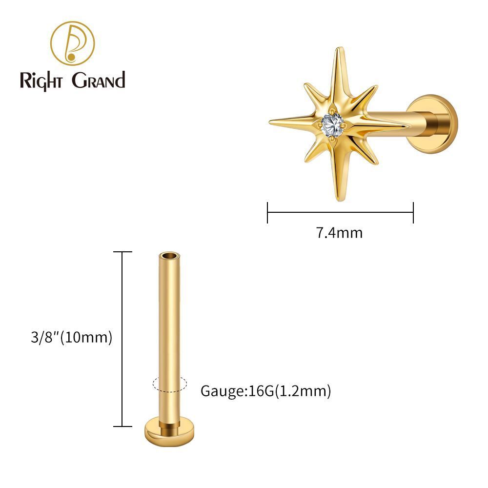 Right Grand Titanium 16G/18G Threadless Push Pin Sparkling CZ North Star Stud Earring Labret Cartilage Tragus Helix Conch Lobe Piercing