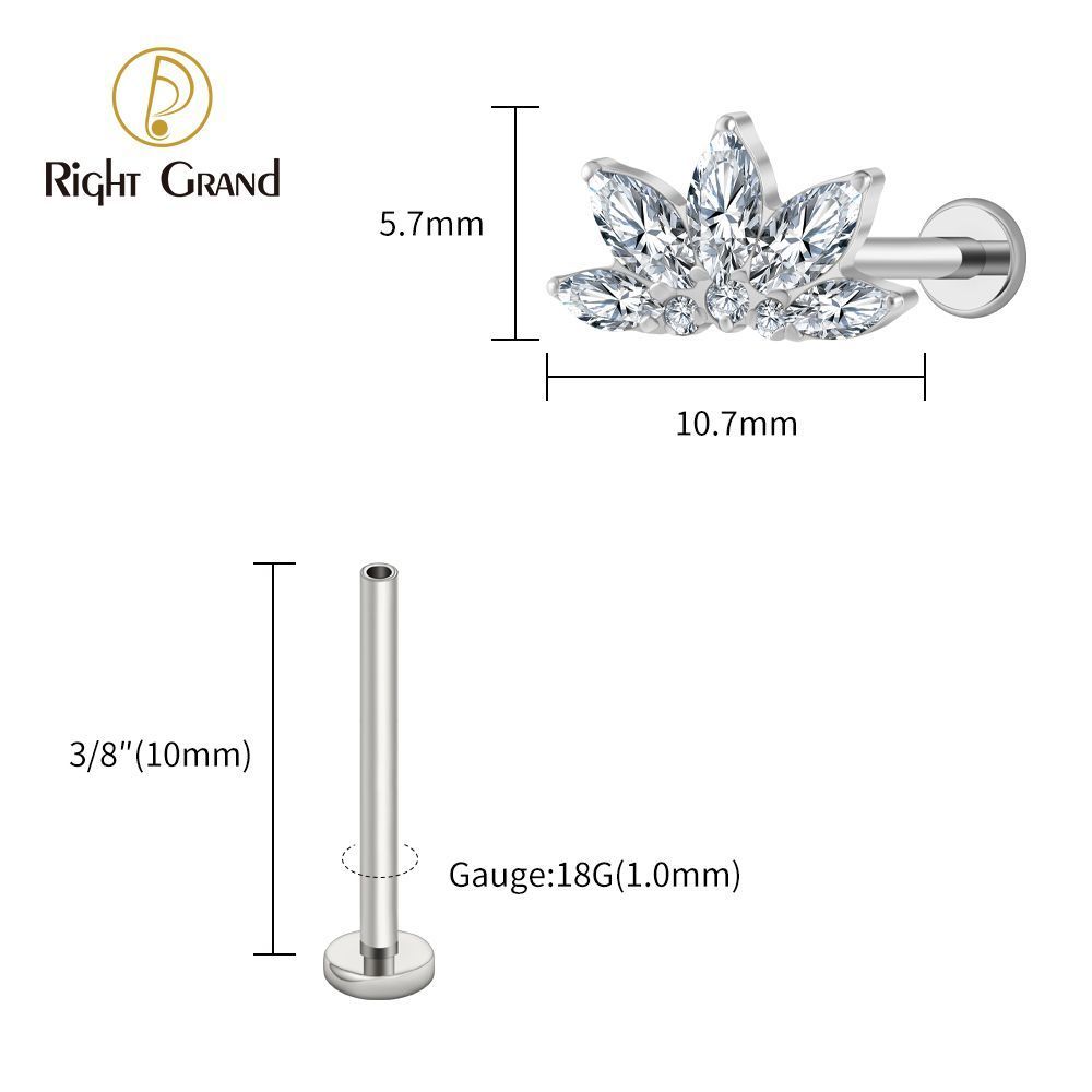 Right Grand Titanium 16G/18G Threadless Push Pin Marquise Lotus CZ Flower Flat Back Stud Labret Tragus Helix Cartilage Conch Earring Piercing