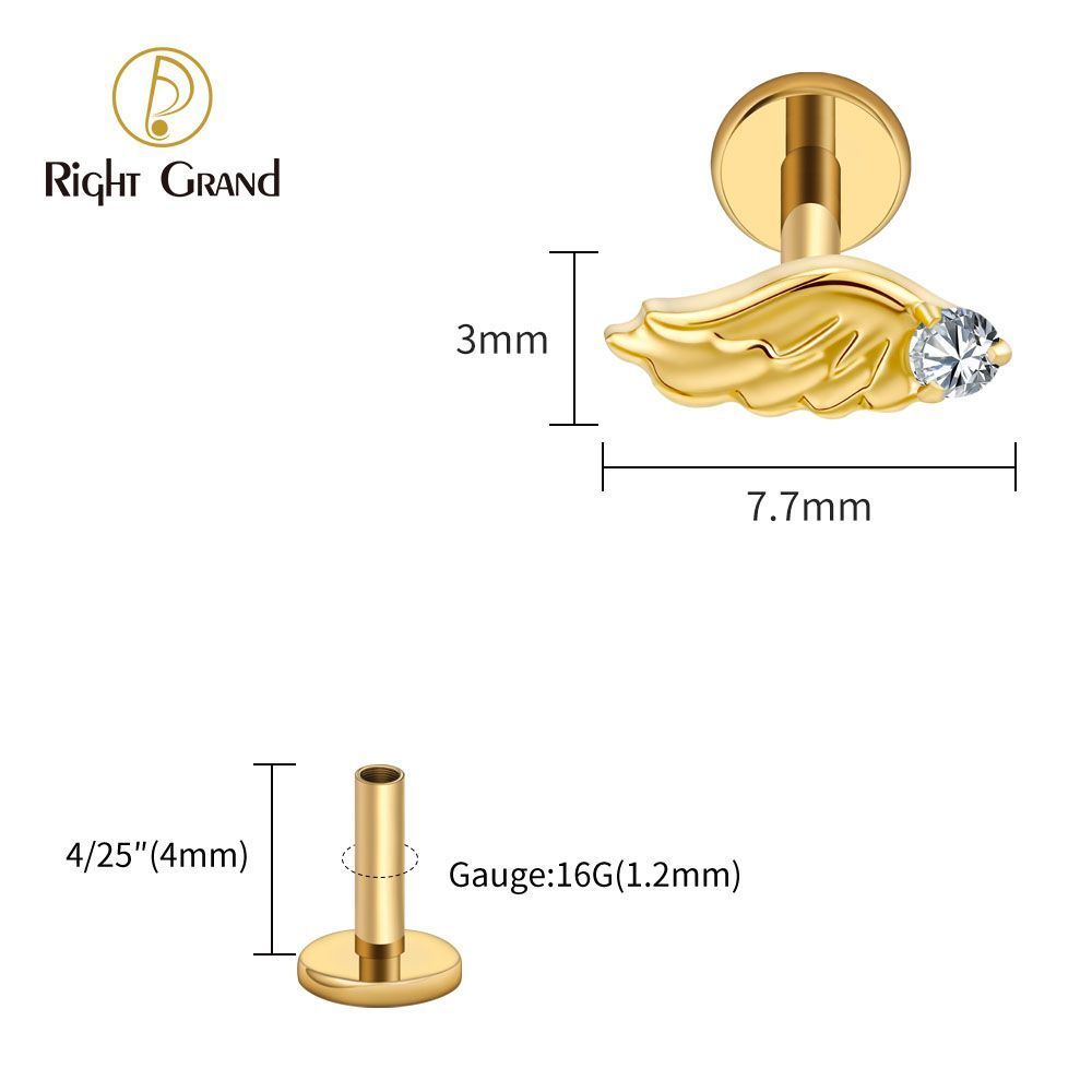 Right Grand Titanium Internal Thread CZ Wing Labret Ring 16G Flat Back Cartilage Stud Earring Conch Helix Lip Piercing Jewelry