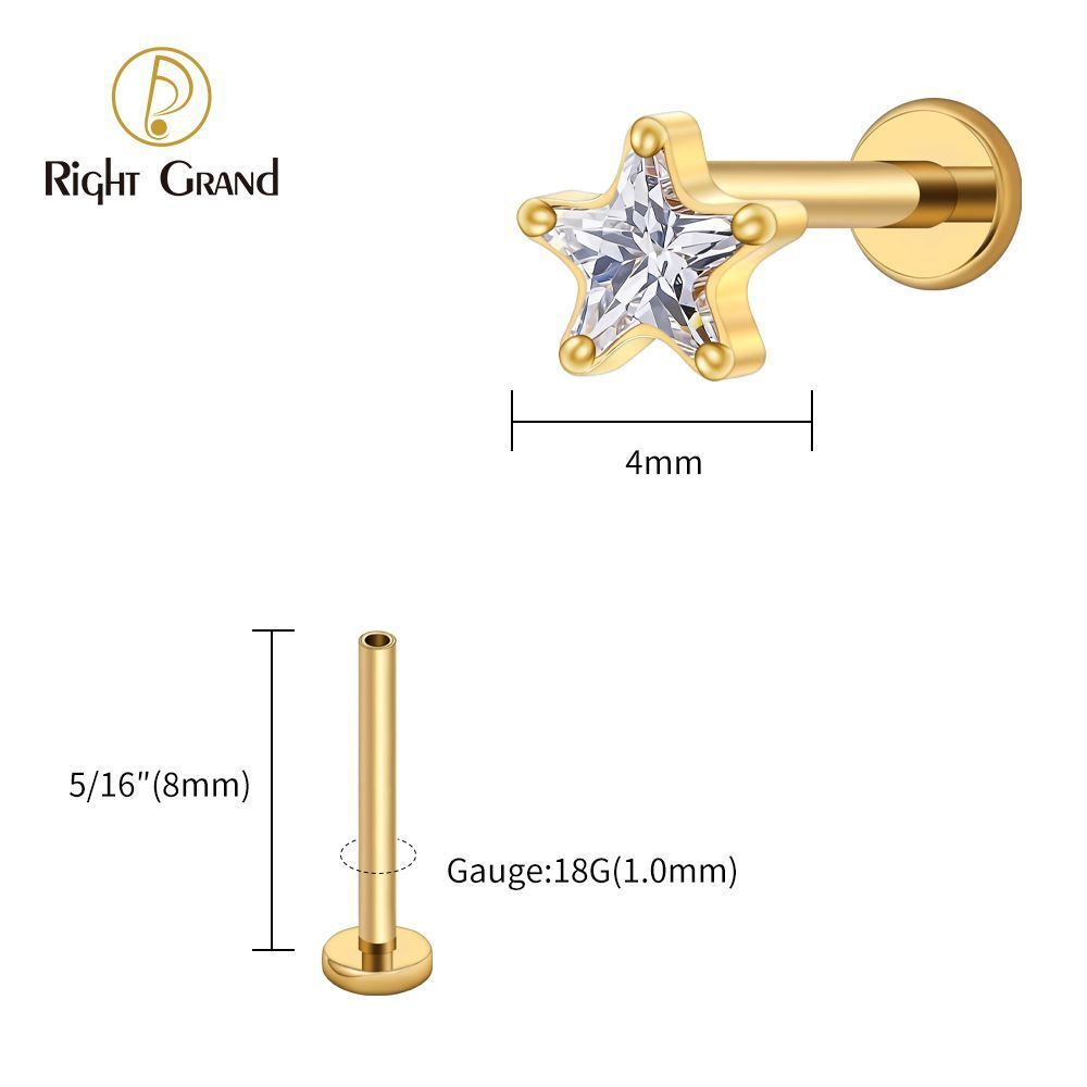 Right Grand Titanium 16G/18G Threadless Push Pin Star CZ Flat Back Stud Earring 16G Helix Tragus Cartilage Lip Piercing