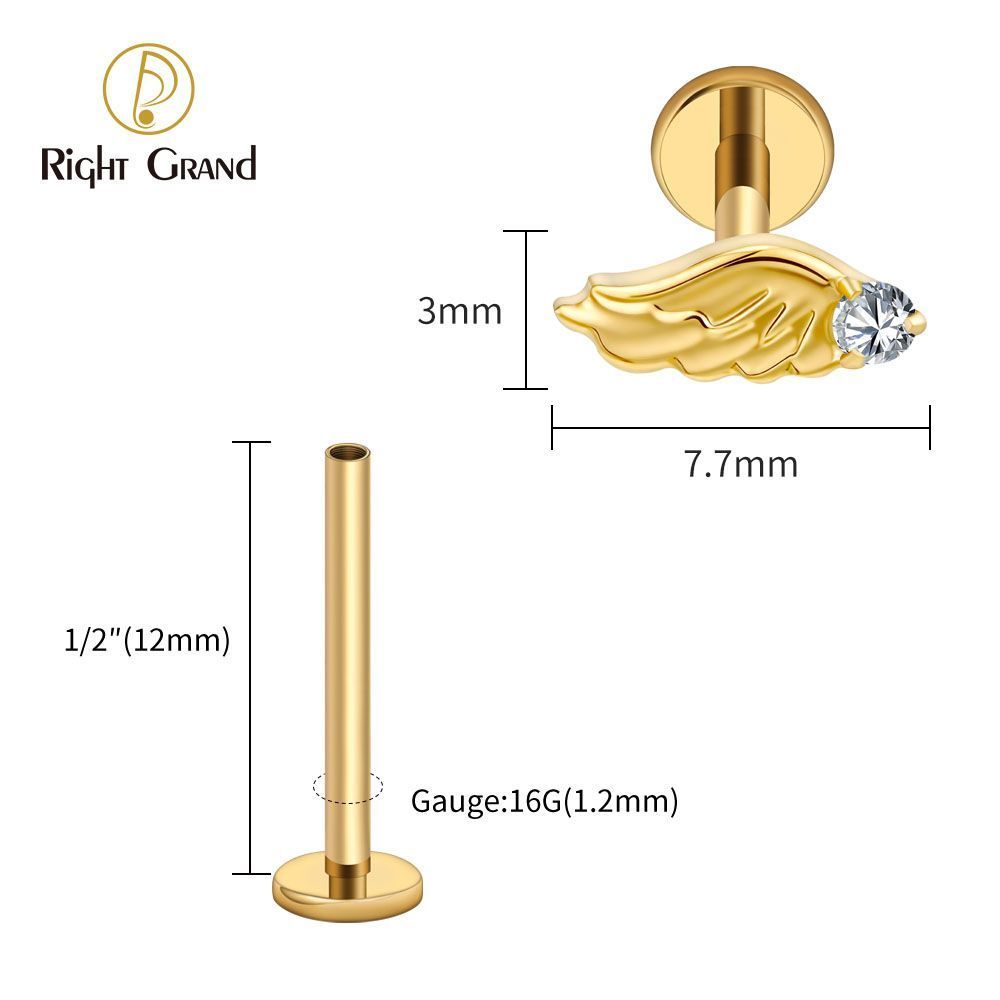 Right Grand Titanium Internal Thread CZ Wing Labret Ring 16G Flat Back Cartilage Stud Earring Conch Helix Lip Piercing Jewelry
