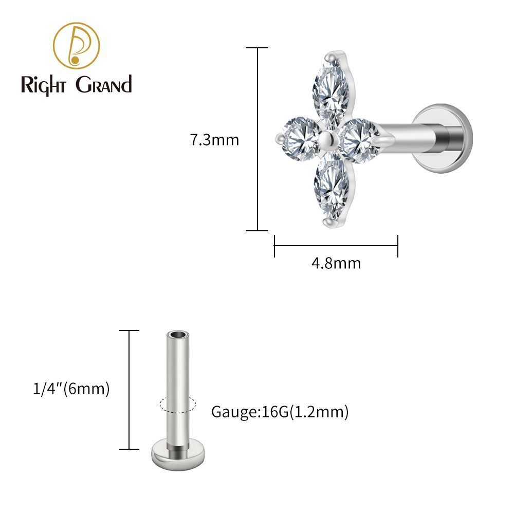 Right Grand Titanium 16G/18G Threadless Push Pin Prong Set CZ Flower Marquise Stud Earring Tragus Helix Cartilage Piercing