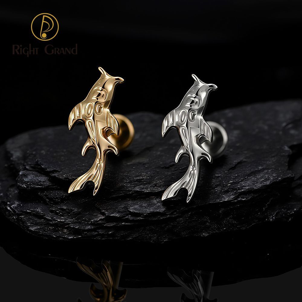 Right Grand Titanium 16G/18G Threadless Push Pin Koi Fish Cartilage Earring Tiny Tragus Stud Helix Conch Flatback Piercing 16G Animal Body Jewelry