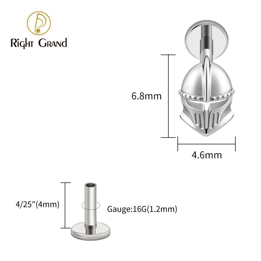 Right Grand ASTM F136 Titanium Internal Thread Helmet Labret Ring 16G Flat Back Cartilage Stud Earring Conch Helix Lip Piercing Jewelry