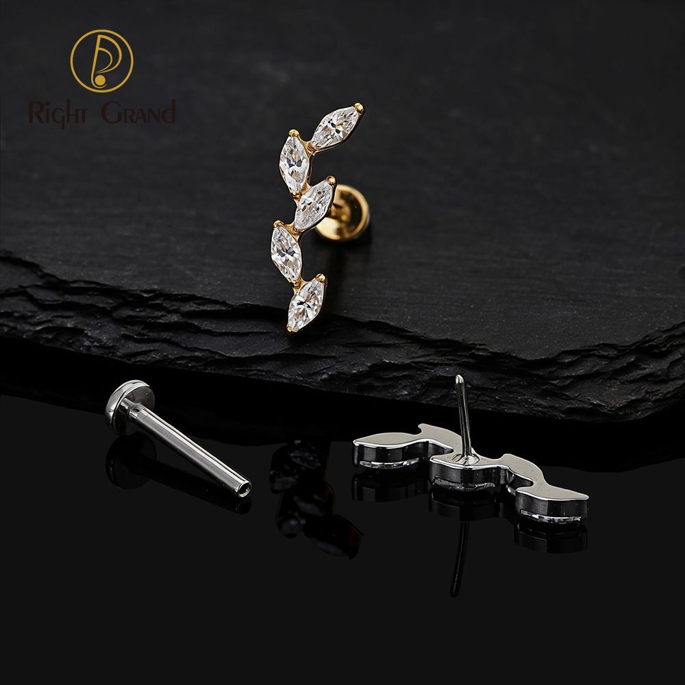 Right Grand Titanium 16G/18G Threadless Push Pin 5 Marquise CZ Labret Stud Helix Conch Cartilage Tragus Flat Back Piercing